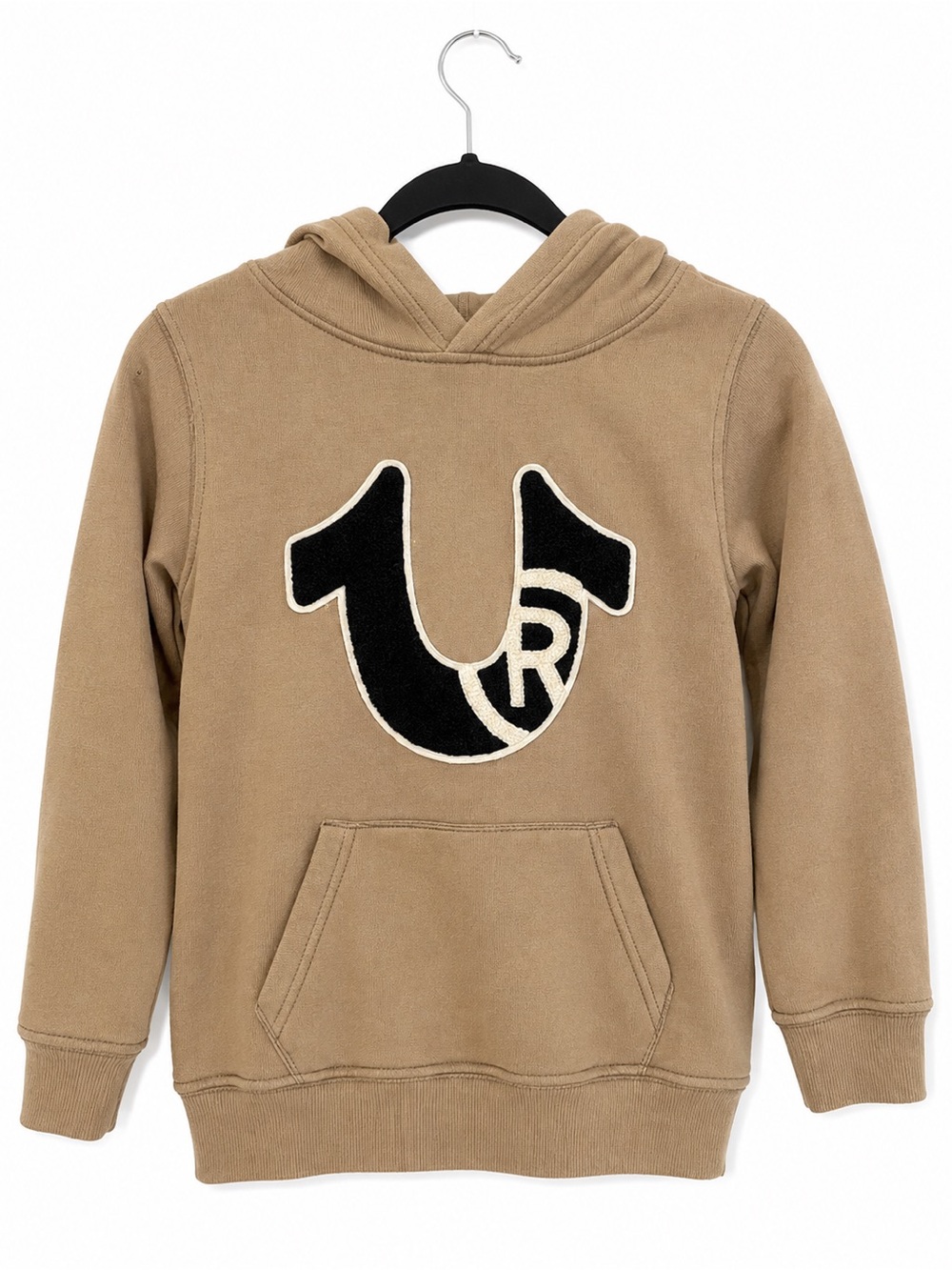 True Religion Kids Tan Chenille Horseshoe 2024 Logo Pullover Hoodie Sweatshirt L